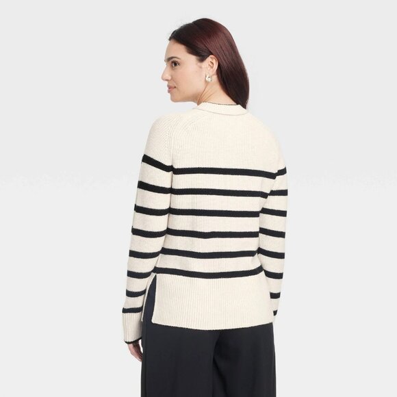 XS - Womens Crew Neck Pullover Sweater - A New Day - Black Cream Striped - Picture 6 of 6